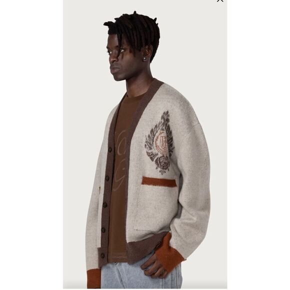 Honor The Gift Cardigan Sweater Crest Logo Knit‎ Brown Trim Oversized - Picture 1 of 16